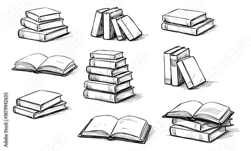 Hand drawn line art book set featuring various stacked and open books for education and reading