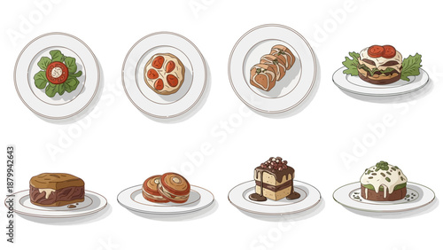 Assortment of Gourmet Dishes on Plates - A Culinary Collection.
