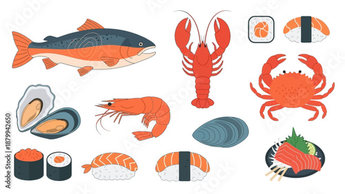 Assortment of Seafood and Sushi Illustration.