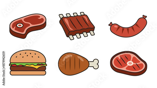 Assortment of Grilled Meats and Burger Illustration.