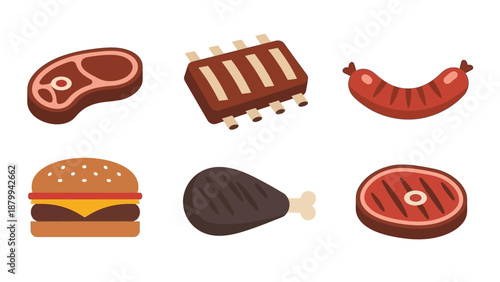 Assortment of Grilled Meats - Steak, Ribs, Sausage, Burger, Chicken Leg, and Round Steak.