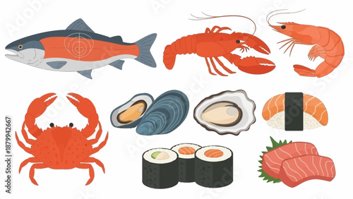 Assortment of Seafood Delights - Fish, Lobster, Shrimp, Crab, and Sushi.
