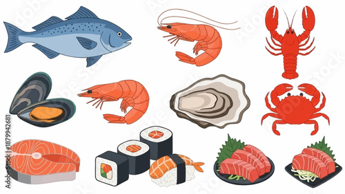 Assortment of Seafood and Sushi Illustration.