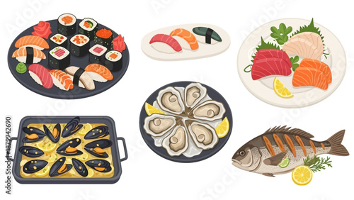 Assortment of Seafood Dishes - Sushi, Oysters, Mussels, and Fish.