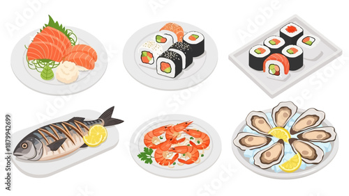 Assortment of Seafood Dishes - Sushi, Sashimi, Grilled Fish, Shrimp, and Oysters.