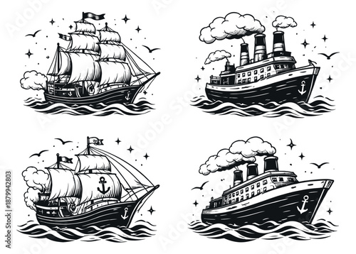 Hand drawn line art marine vessels set featuring sailing ships and steamships navigating ocean waves for nautical and travel design