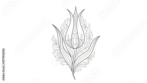 Elegant Ottoman Style Stylized Tulip Flower Line Art Pattern