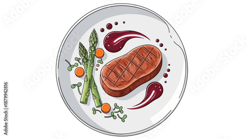 Elegant Plate - Grilled Steak with Asparagus and Berry Sauce.