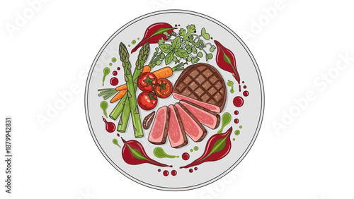 Elegant Plate of Steak with Asparagus and Beetroot Puree.