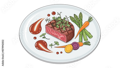 Elegant Plate Presentation - Grilled Steak with Fresh Vegetables and Sauce.