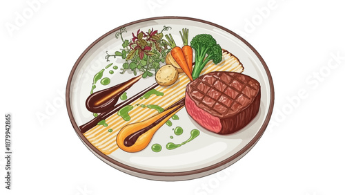 Exquisite Plate - Grilled Steak with Vegetables and Artistic Sauces.