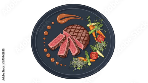 Exquisite Plate of Grilled Steak with Vegetables and Sauce.