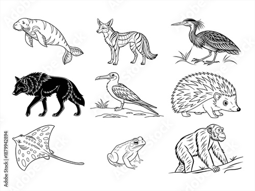 coloring page line art the animal bird and flower black vector bundle