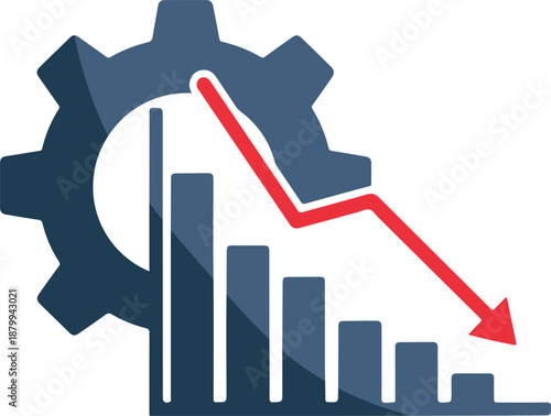 Industrial economic recession concept showing manufacturing gear mechanism behind business bar graph indicating steep decline and financial crisis with descending red arrow.