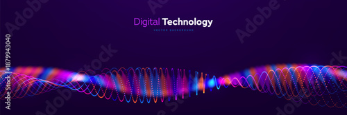 Abstract Digital Technology Design Featuring Neon Particles And Dynamic Waves. Ideal For Modern Innovation, Science, And Data Flow Themes. Digital Networks. Vector Illustration.