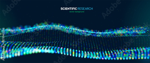 Scientific Research Background With Glowing Multicolored Dots Forming Abstract 3D Waves On Dark Background. Perfect For Science, Data And Innovation Concepts. Scientific Patterns. Vector Illustration.