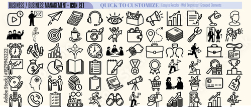 Flat line icon set showing assorted business management icons in grid overhead view with office symbols and minimalist outline monochrome