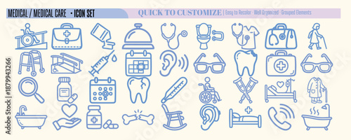Line art medical icon set showing assorted healthcare symbols in pastel blue vector icons arranged on light background grid layout