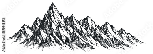 Hand drawn line art illustration of a mountain range depicting a majestic landscape for nature and adventure designs