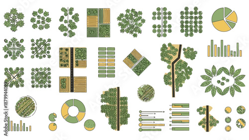 A collection of abstract top-down graphic elements depicting trees, fields, pathways, and data visualizations like charts and graphs in green and yellow.
