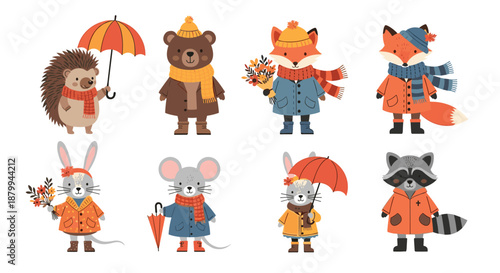 Charming group of woodland animals like foxes and bears wear winter coats and hold umbrellas or flowers in the cold.