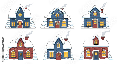 Six cozy winter houses with snowy roofs and glowing windows are decorated with festive lights on a white background.