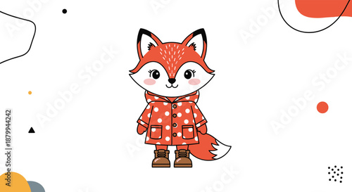 Cute little fox wearing a red polka dot raincoat and brown boots stands against a decorative abstract white background.