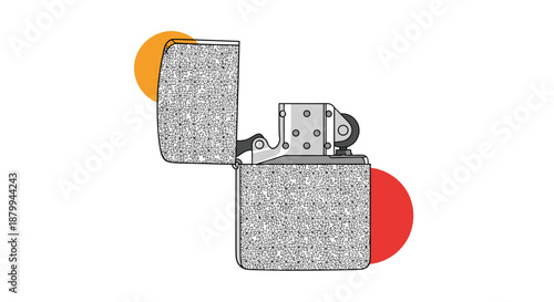 Classic metal lighter with an open flip-top lid and a textured silver surface is shown against decorative colored circles.