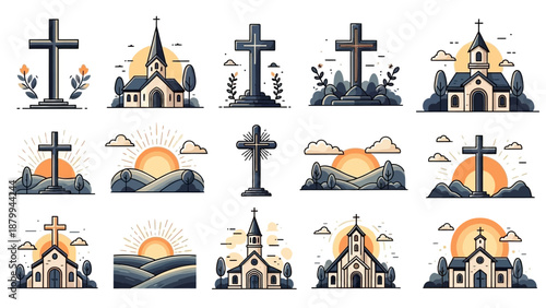 A collection of Christian themed illustrations featuring crosses, churches, and sunrises in various landscape settings.