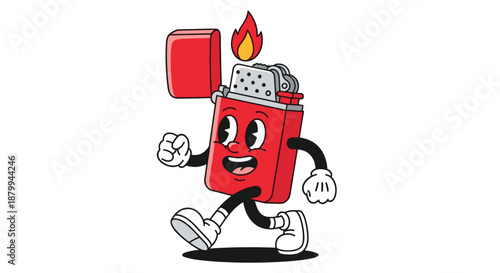 Energetic red lighter cartoon character with white gloves and shoes is walking happily on a clean white background.