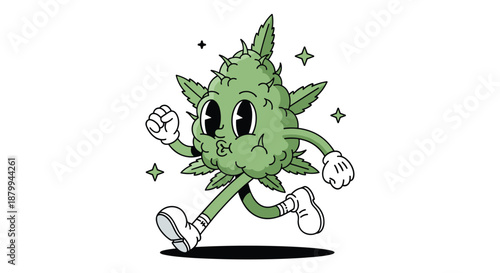 Playful cannabis bud cartoon character with big eyes and white sneakers is running fast across a white background area.