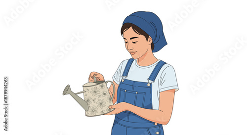 Young woman in blue denim overalls and a matching headscarf carefully holds a patterned watering can in her hands.