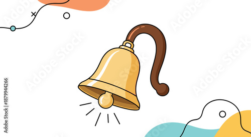 Traditional golden bell is ringing loudly while hanging from a brown wooden support against a modern abstract background.