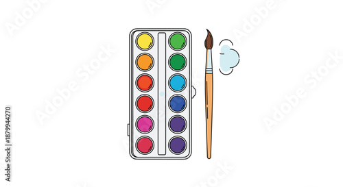Watercolor paint set with twelve vibrant color pans and a wooden paintbrush is positioned on a plain white background.