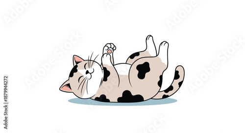 Adorable spotted cat is lying on its back in a playful and relaxed position on a clean white background with a shadow.