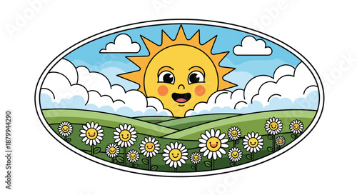 Radiant smiling sun rises over green rolling hills filled with cheerful daisies within a classic oval-shaped frame design.