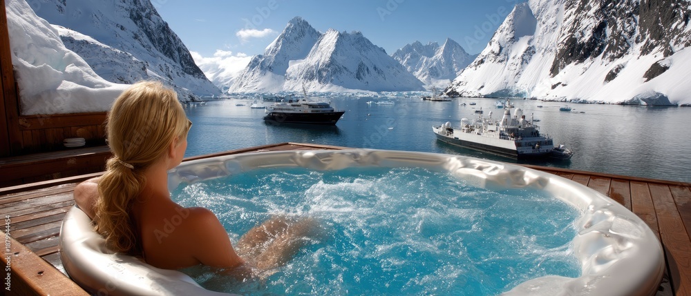 Fototapeta premium Woman relaxes in hot tub with view of icy landscape and sea during winter