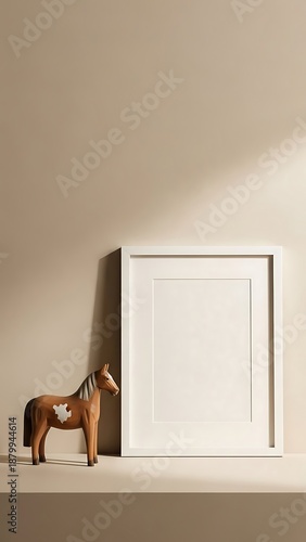 A toy dinosaur standing next to a white picture frame