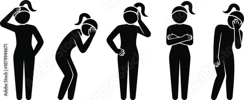 Five black stick figures depicting a woman expressing various levels of distress, concern, and relaxed stances