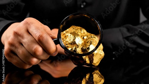 Video, illustration of an employee looking at a chunk of gold, material, precious metal, gold mine. 