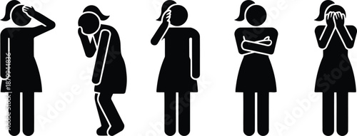 Five black stick figures of a woman wearing a dress, displaying emotions like distress and neutral posture