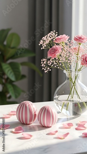 Pink and white flowers in a vase on a table