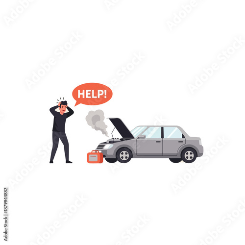 Man standing next to broken down car.