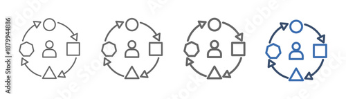 
outline icon set adaptation with quarter circle design arrow to right, down, left, up, person, box, circle, hexagon, triangle,