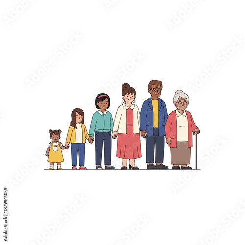 Diverse Generations Standing Together Illustrating Lifespan and Family Bonds.