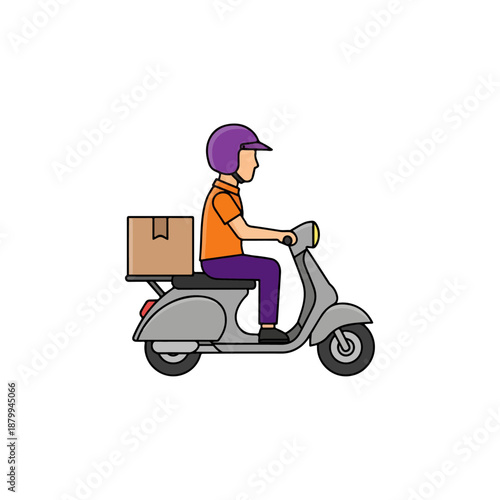 Delivery person riding a scooter with a package.