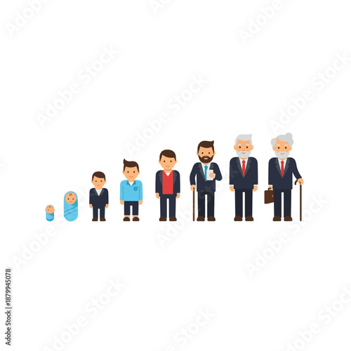 Human life stages from baby to senior citizen in a flat design illustration.