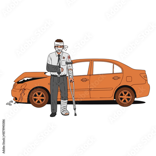 Injured man with crutches and cast stands next to damaged car.