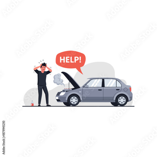 Man standing next to broken down car.