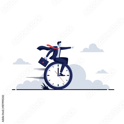 Businessman riding a clock wheel, symbolizing time management and efficiency.